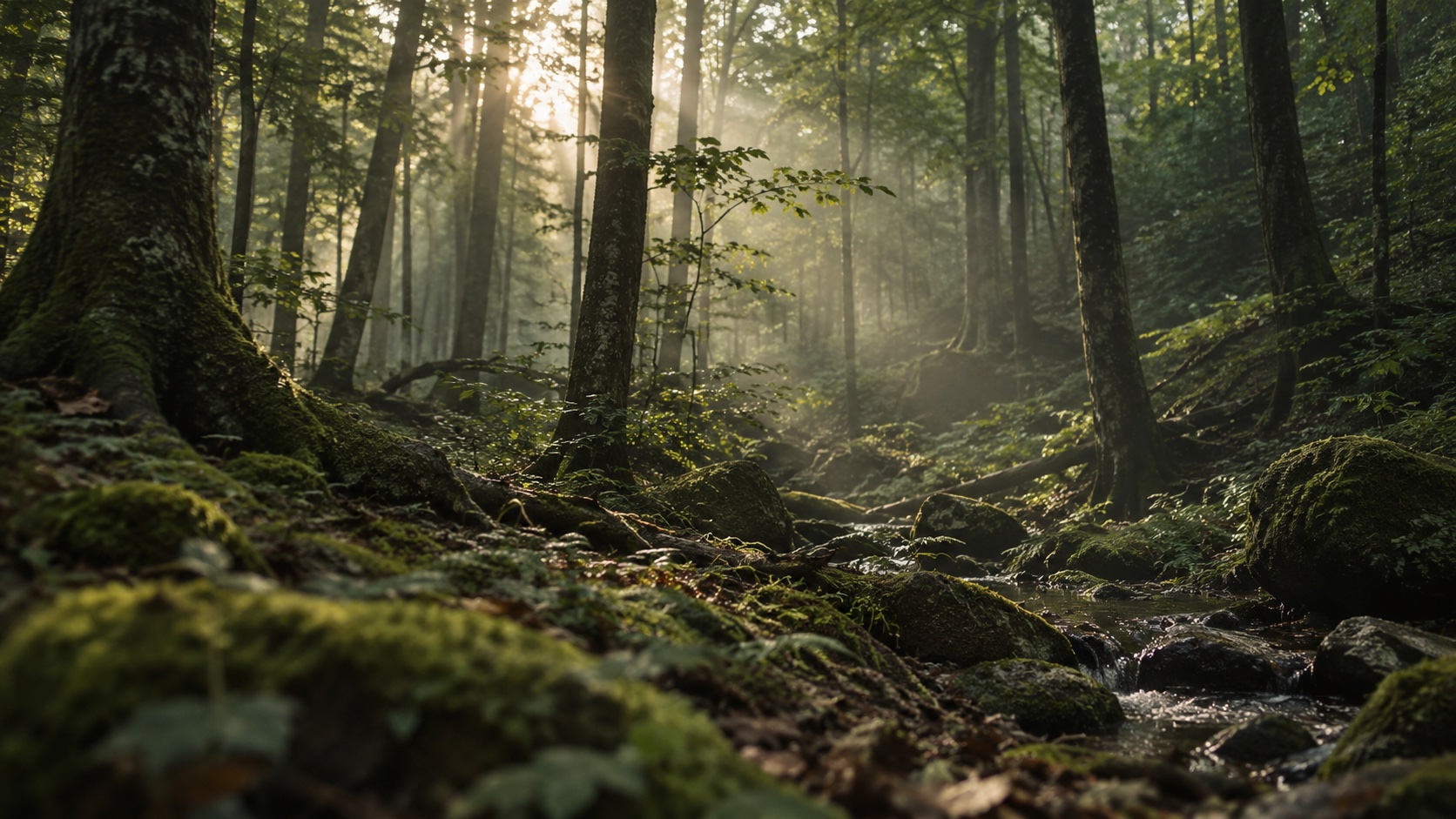 Soft morning light in a quiet green forest